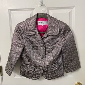 TRINA TURK Like New Silver metallic crocodile embossed crop jacket coat lined
